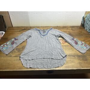 Scully Shirt Women’s Large Gray Embroidered Hi/Low Peasant Top Bell Sleeve Boho
